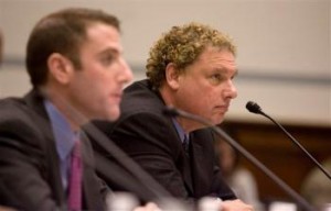 New York Yankees President Randy Levine, right, and New York Economic President Seth Pinsky, testify on Capitol Hill in Washington, Friday, Oct. 24, 2008, before the House Oversight and Government Reform Committee hearing on the new Yankee Stadium in New York.