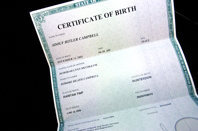 Birth certificate of son Adolf Hitler Campbell. Express-Times Photo | BRUCE WINTER