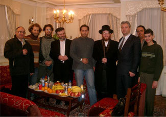 Viennese Rabbi Moishe Arye Friedman, fourth from right, receives Iranian Jewish visitors during his December 2006 trip to Iran for a Holocaust denial conference.