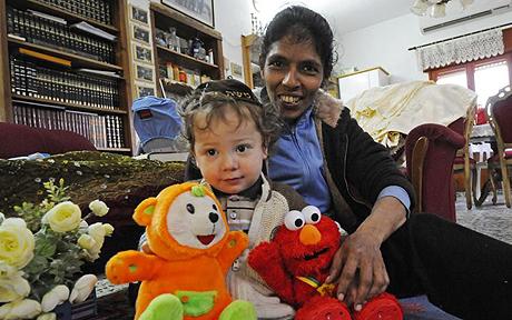 Indian Nannie Sandra Samuel, 44, with Baby Moshe Holtzberg, 2, in his grandparents home in Afula, Israel, February 20, 2009.