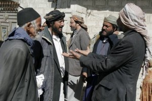Unidentified Yemeni Jews and Muslims talk at the village of Kharef, 50 miles, 80 kilometers, north of the capital Sana, Yemen