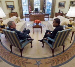 file photo. President George W. Bush and President Barack Obama meet in the Oval Office of the White House, Nov. 10, 2008. White House photo by Eric Draper 