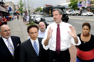 Councilman Bill de Blasio blasts parking tickets as Bronx pols Michael Benedetto (l.), James Vacca (2nd from left) and Annabel Palma (r.) look on. Photo credit Simmons/NY Daily News