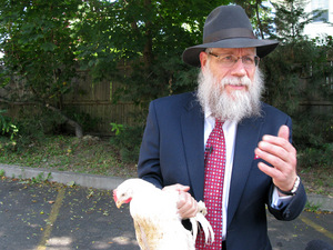  Rabbi Shea Hecht in Brooklyn, N.Y., demonstrates how Orthodox Jews wave a chicken three times over their heads and say the prayer of Kapparot (or Kapparos, depending on heritage) in the days leading up to Yom Kippur. photo credit: Dianna Douglas 
