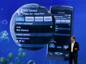 Thomas Richter, Samsung Telecommunications' director of portfolio management, presents the new 'Wave' smartphone during the Mobile World Congress in Barcelona February 14, 2010.