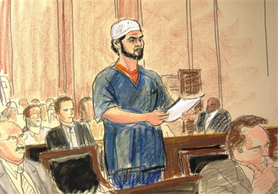 In this courtroom sketch, Faisal Shahzad pleads guilty Monday, June 21, 2010 in Manhattan Federal Court to carrying out the failed May 1 car bombing in New York's Times Square. Some of the 10 terrorism and weapons counts to which he pleaded guilty carry mandatory life prison sentences.  (AP Photo/Elizabeth Williams)
