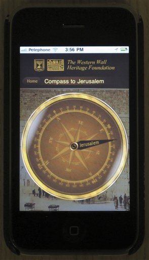 A compass indicating the direction of Jerusalem for religious Jews wishing to face the Western Wall to pray wherever they are is seen on a new iPhone app, Wednesday, Dec. 29, 2010. Michal Ophir of the Israeli foundation that developed the app said Wednesday that it "brings the Western Wall to every Jew in the world because it is the heart of the Jewish people." (AP Photo) Summary