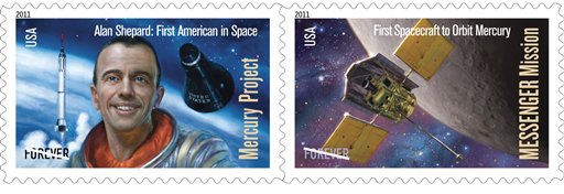 This handout image provided by the US Postal Service shows a postage stamp honoring Alan Shepard and the Mercury orbit, the designs are included in the 2011 US postage stamps collection. (AP Photo/USPS)
