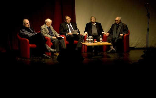 Sitting from right: Former Israeli intelligence and security chiefs Avraham Shalom Ben-Dor, Rafael "Rafi" Eitan, Carmi Gillon, Joe Klein and Shaul Shaul, gather for a discussion marking 50 years since Nazi SS officer Adolf Eichmann's trial in Jerusalem, on the U.N.'s annual Holocaust Remembrance Day, Thursday, Jan. 27,  2011. Fifty years after Nazi criminal Adolf Eichmann was brought to justice, the men who captured and prosecuted the Holocaust mastermind held a rare reunion Thursday in the Jerusalem hall where his famous trial took place.(AP Photo/Sebastian Scheiner)