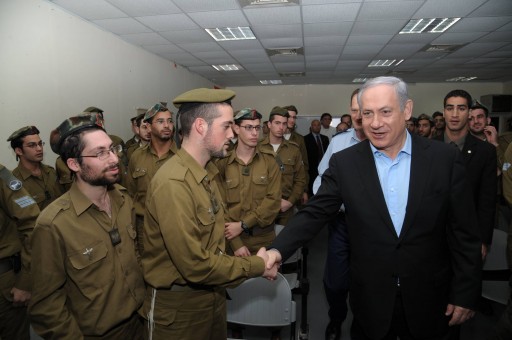Israeli Prime minister Benjamin Netanyahu speaks with the soldiers serving in the religious unit of the Israeli defense force. January 11, 2011. Photo by Amos BenGershom / Government Press Office/FLASH90 