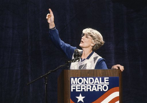 FILE - This 1984 file picture shows Geraldine Ferraro. The first woman to run for U.S. vice president on a major party ticket has died. Geraldine Ferraro was 75. A family friend said Ferraro, who was diagnosed with blood cancer in 1998, died Saturday, March 26, 2011 at Massachusetts General Hospital. (AP Photo/File)
