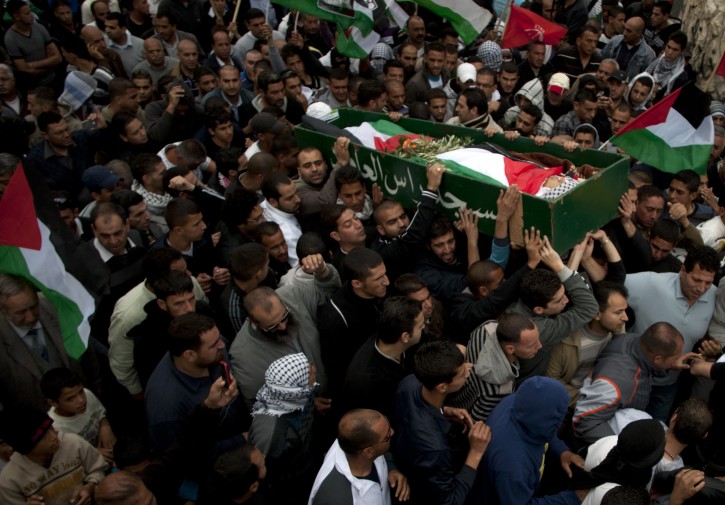 Palestinians carry the body of Milad Said Ayyash, 17, who died of wounds sustained in yesterday's protests near the east Jerusalem neighborhood of Silwan during his funeral, Saturday, May 14 , 2011.(AP Photo/Sebastian Scheiner)