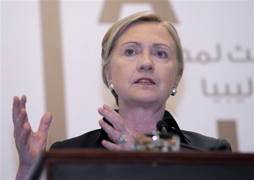 Secretary of State Hillary Rodham Clinton speaks during a news conference at the Emirates Palace Hotel in Abu Dhabi, United Arab Emirates, Thursday, June 9, 2011, following the Third Contact Group Meeting on Libya. (AP Photo/Susan Walsh, Pool)