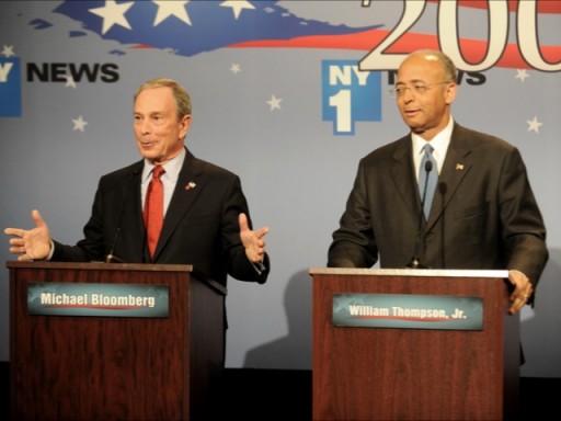 FILE - New York City Mayor Michael Bloomberg, left, and his challenger, city comptroller William Thompson, Jr., participate in the first debate for their 2009 mayoral campaign in New York on Tuesday, Oct. 13, 2009. (AP Photo/Bryan Smith, Pool)