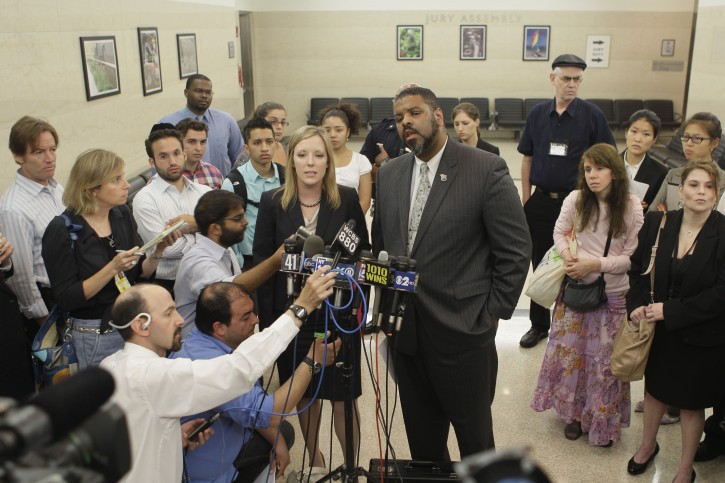 Levi Aaron's attorneys Jennifer McCann, center left, and Pierre Bazile speak to reporters after his arraignment in Brooklyn criminal court, Thursday, Aug. 4, 2011 in New York.  AP