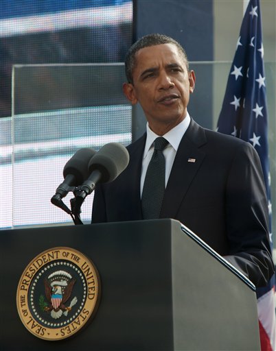 President Obama speaks at a ceremony to mark the 10th anniversary of the Sept. 11 terrorist attacks at the World Trade Center site in New York Sunday, Sept. 11, 2011. (AP Photo/Allan Tannenbaum, Pool)