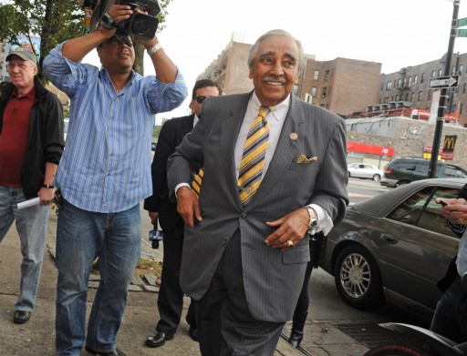 U.S. Rep. Charles Rangel, D.-New York, arrives at the Papasito Restaurant in the Inwood section of Manhattan where Republican presidential hopeful Gov. Rick Perry of Texas also visited, Monday, Sept. 19, 2011, in New York. (AP Photo/Louis Lanzano)