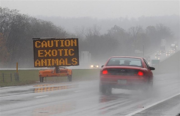 A sign posted on Interstate 70 warns drivers of animals loose in the area around Zanesville, Ohio October 19, 2011. Dozens of large exotic animals including tigers, lions and bears were hunted down and shot after their owner opened their cages at his Ohio farm and then committed suicide, officials said on Wednesday.   REUTERS/Matt Sullivan