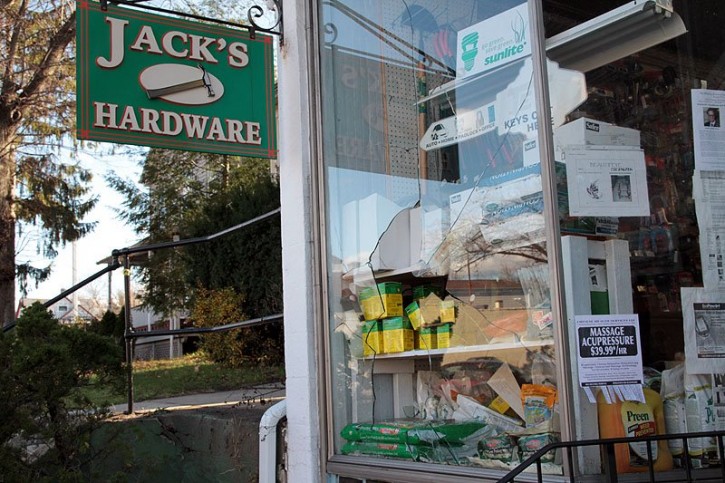 Damaged window, Jack's Hardware (Jewish-owned store), Nov. 30, 2011 — at Highland Park, New Jersey. Photo: Mason Resnick