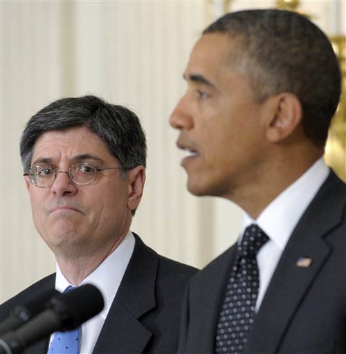 Jack Lew, the administration's current budget director, listens at left, as President Barack Obama speaks about the resignation of White House Chief of Staff Bill Daley, Monday, Jan. 9, 2012, in the State Dining Room at the White House in Washington. Obama announced that Lew will replace Daley. (AP Photo/Susan Walsh)