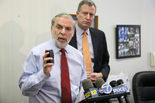 Assemblyman Dov Hikind with public advocate Bill DeBalsio play audio of hateful message left on answering machine of a family on ave l e 5 st.Photo: Shimon Gifter