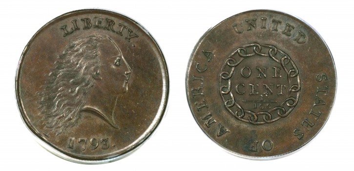 This undated photo provided by Heritage Auctions shows the front and back of one of the first pennies struck at the United States Mint in Philadelphia. This 1793 Chain Cent sold for a record $1,380,000 in a public auction conducted by Heritage Auctions at a coin collectors convention in Orlando, Fla. on Wednesday evening, Jan. 4, 2012.  The linking rings on the back of the coin were intended to represent the original 13 colonies, but critics claimed the chain was symbolic of slavery and the design was quickly changed with a wreath replacing the chain. (AP Photo/Heritage Auctions)