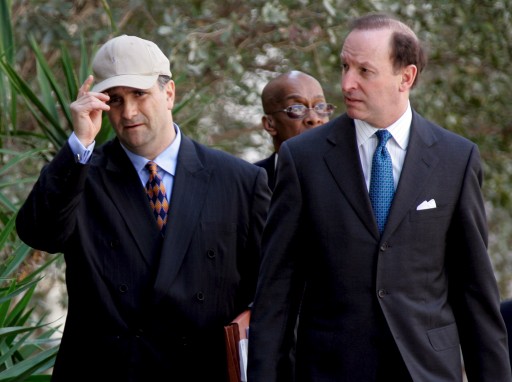 FILE - Former lobbyist Jack Abramoff (L) and his attorney Abee Lowell  leaves the Federal Justice Building in Miami, Florida  for processing, where Abramoff was sentenced to five years and ten months on a guilty plea to criminal charges from hid fraud case, Wednesday, 29 March  2006.  EPA