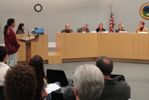LCHS 10th-grader Alyssa Stolmack tells the La Cañada Unified School District that math teacher Gabrielle Leko mocked students with speech impediments and made racist and ethnic remarks toward students. Credit Donna Evans for Patch.com
