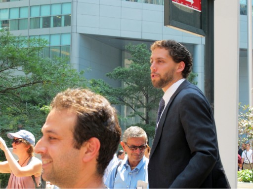 Ari Hart, the co-founder of the social justice organization Uri L'Tzedek, speaks to a crowd of protesters against Flaums on Aug. 2, 2011. on Lexington Avenue between East 54th and East 53rd streets. PHOTO CREDIT DNAinfo/Mary Johnson