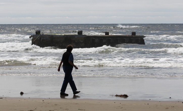 A woman looks at the massive dock that washed ashore on Agate Beach Wednesday, June 6, 2012, in Newport, Ore.  A nearly 70-foot-long dock that floated ashore on an Oregon beach was torn loose from a fishing port in northern Japan by last year's tsunami and drifted across thousands of miles of Pacific Ocean, a Japanese Consulate official said Wednesday.  (AP Photo/Rick Bowmer)