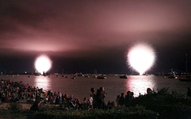 Spectators watch from Coronado Island in San Diego as a malfunction causes the entire Fourth of July fireworks show go off all at once, Wednesday, July 4, 2012. The Coast Guard says the mishap occurred minutes before the scheduled opening of the Big Bay Boom show. More than 500,000 people witnessed the short-lived spectacle. No injuries were reported. (AP Photo/The U-T San Diego, James Gregg) 