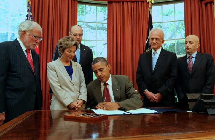 US President Barack Obama (C, seated) signs the United States-Israel Enhanced Security Cooperation Act at the Oval Office of the White House in Washington, DC, USA, 27 July 2012. The act is said to be aimed at helping to deepen the United States' security cooperation with Israel. Also in the picture are (L-R) Conference of Presidents of Major American Jewish Organizations Chairman Richard Stone, Democratic Senator from California Barbara Boxer, past Chair of the Board of AIPAC Howard Friedman, Democratic Representative from California Howard Berman and Chairman of the Board of AIPAC Lee Rosenberg.  EPA/Molly Riley / POOL
