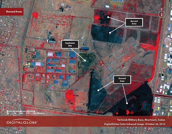 The Yarmouk military complex in Khartoum, Sudan seen in a satellite image made on Oct. 25 2012, following the alleged attack. A U.S. monitoring group says these satellite images of the aftermath of an explosion at a Sudanese weapons factory suggest the site was hit by an airstrike. The Sudanese government has accused Israel of bombing its Yarmouk military complex in Khartoum, killing two people and leaving the factory in ruins (AP Photo/ DigitalGlobe via Satellite Sentinel Project)