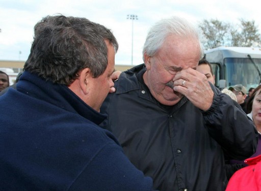 FILE - Governor Chris Christie comforts Lee Tice of Pelican Island after a press conference at the Fema Help Center in Brick, N.J. on Friday, Nov. 2, 2012. (Governor's Office/Tim Larsen)