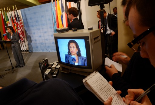 FILE - usan Rice, United States' Ambassador to the United Nations, talks to reporters following a closed door meeting of the United Nations Security Council at United Nations headquarters in New York, New York, USA, 30 May 2012.