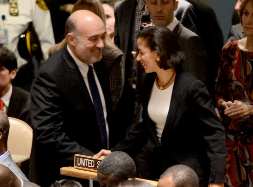 FILE - US Ambassador to the United Nations Susan Rice (R) greets Israeli ambassador to the UN Ron Prosor after his speech to the United Nations General Assembly before the body votes on a resolution to upgrade the status of the Palestinian Authority to a nonmember observer state during the 67th session of the United Nations General Assembly at United Nations headquarters in New York, New York, USA, 29 November 2012. EPA
