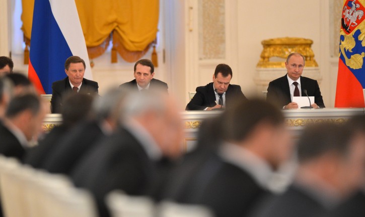 Russian President Vladimir Putin (R) at State Council meeting at the Kremlin, in Moscow, Russia, 27 December 2012. Shown (back R-L) are: Putin, Prime Minister Dmitry Medvedev, the speaker of Russia's lower house, the State Duma, Sergei Naryshkin, Presidential chief of staff Sergei Ivanov. EPA/NATALIA KOLESNIKOVA/POOL