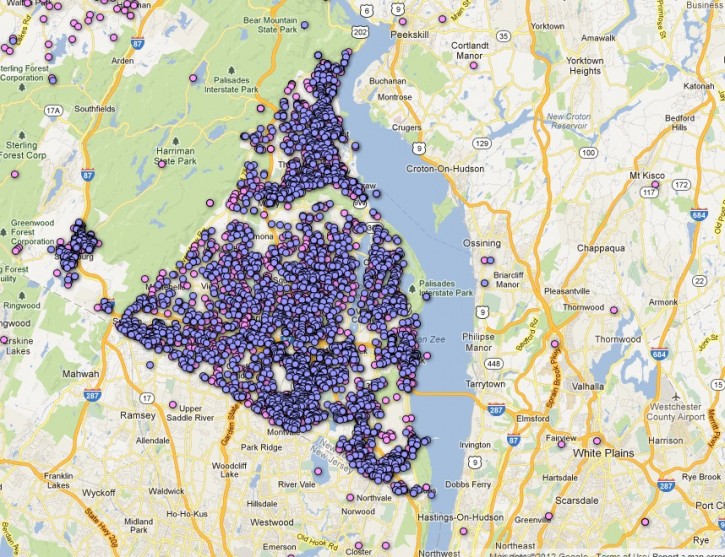 This map shows pistol permits registered in Rockland County, which are issued for life and do not need to be renewed. Rockland County splits permit holders into two categories:
Active (blue): Permit holders that have purchased a firearm or updated the information on a permit in the past five years.
Historic (purple): Permit holders with no activity in the past five years. Permit holders who have died or moved out of the area may not have updated their permit records, so some locations marked with a purple dot may not represent a current permit holder. 