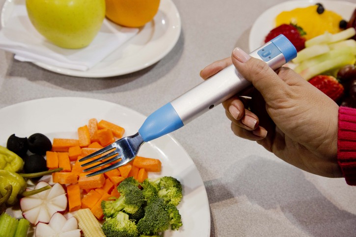 The HAPIfork, made by HAPILABS, smart electronic fork is seen on display at the Consumer Electronics Show, Tuesday, Jan. 8, 2013, in Las Vegas. The fork vibrates and lights up to help its user slow down to a healthy eating pace. (AP Photo/Julie Jacobson)