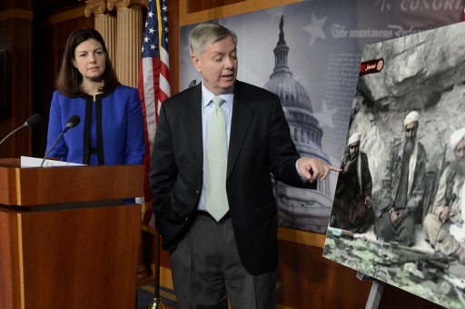 FILE - S Republican Senator from South Carolina Lindsey Graham (C) points to a picture depicting Osama Bin Laden's son-in-law Sualiman Abu Ghaith (2-R) sitting with Bin Laden (R), on Capitol Hill, in Washington DC, USA, 07 March 2013.  EPA