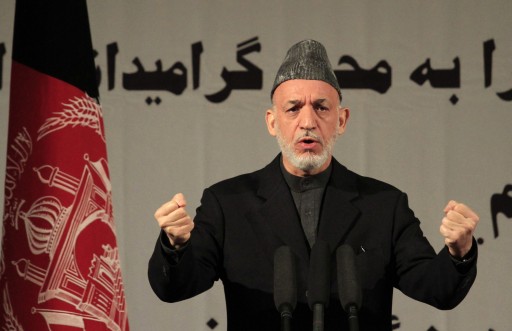 File photo of Afghan President Hamid Karzai speaks during an event commemorating International Women's Day, in Kabul, Afghanistan, 10 March 2013. EPA/S. SABAWOON