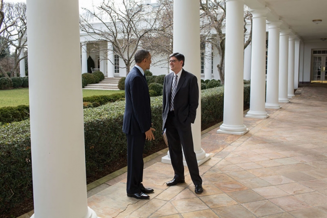 President Barack Obama talks with Treasury Secretary Jack Lew on the Colonnade of the White House, March 13, 2013. (Official White House Photo by Pete Souza)