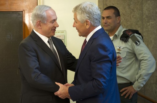 Israeli Prime Minister Benjamin Netanyahu, left, welcomes U.S. Secretary of Defense Chuck Hagel at his office in Jerusalem, on Tuesday, April 23, 2013. (AP Photo/Jim Watson, Pool)