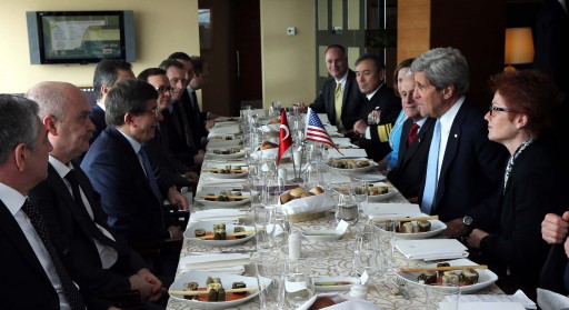 FILE -  US Secretary of State John Kerry (2-R) and Turkish Foreign Minister Ahmet  Davutoglu (3-L) during their meeting in Istanbul, Turkey, 21 April 2013. Kerry on 21 April met members of the Syrian Opposition Coalition in Istanbul.  EPA/HAKAN GOKTEPE POOL