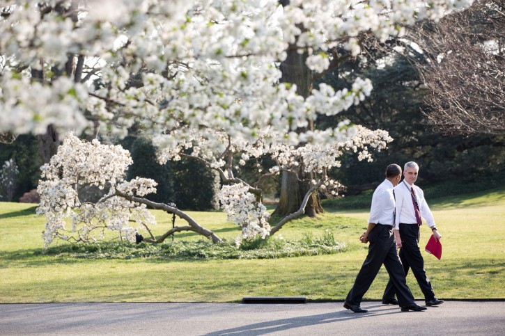 President Barack Obama and Chief of Staff Denis McDonough walk along the South Lawn driveway outside the White House, April 9, 2013. (Official White House Photo by Pete Souza)