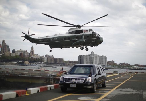 U.S. President Barack Obama arrives at the Wall Street heliport in the Marine One in New York, May 13, 2013. Obama flew to New York for a series of Democratic Party fundraisers on Monday.       REUTERS/Jason Reed