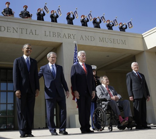 FILE - In this April 25, 2013, file photo President Barack Obama, from left, and four former presidents, George W. Bush, Bill Clinton, George H.W. Bush and Jimmy Carter appear together at a dedication ceremony in Dallas, Texas. In the first 200 years of the republic, just three ex-presidents survived more than two decades after leaving office: John Adams, Martin Van Buren and Herbert Hoover. The odds have improved since then: Jimmy Carter, the longest-serving ex-president, has blown past 32 years out of office and shows no signs of stopping at age 88. George H.W. Bush, 89, passed the two-decade mark this year. The two most recent former presidents, Bill Clinton and George W. Bush, both are going strong. (AP Photo/David J. Phillip, File)