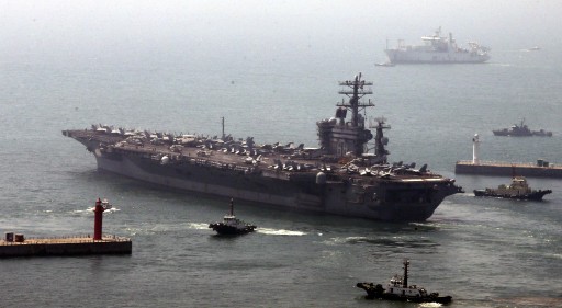 File photo of the Nuclear-powered US aircraft carrier USS Nimitz departing a naval base in Busan, South Korea. EPA/YONHAP