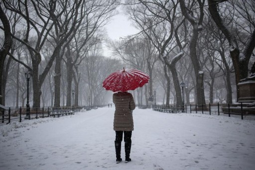 FILE - A woman stands with an umbrella during snowfall at Central Park in New York, December 17, 2013.  Reuters