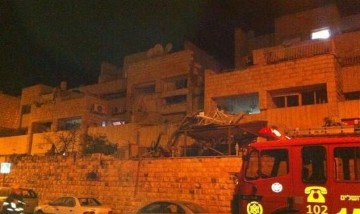 A partially collapsed building at the scene of a gas explosion early Monday morning in Jerusalem's Gilo neighborhood. (photo credit: Israel Hatzolah/Twitter)